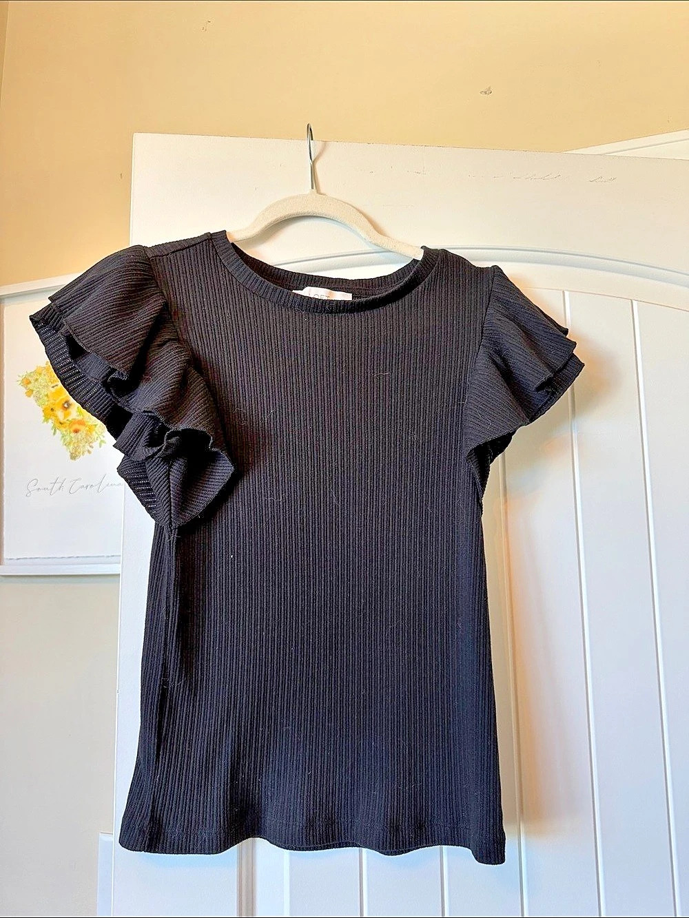 LOFT Ribbed Ruffle Sleeve Top in Black Size Medium